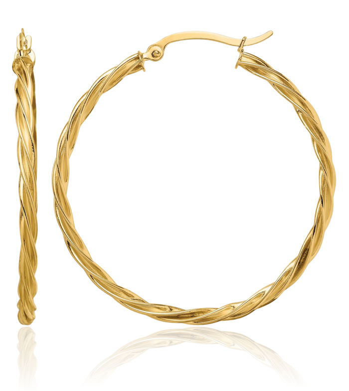 14K Solid Yellow Gold Twisted 2.5mm Round Large Hoop Earrings