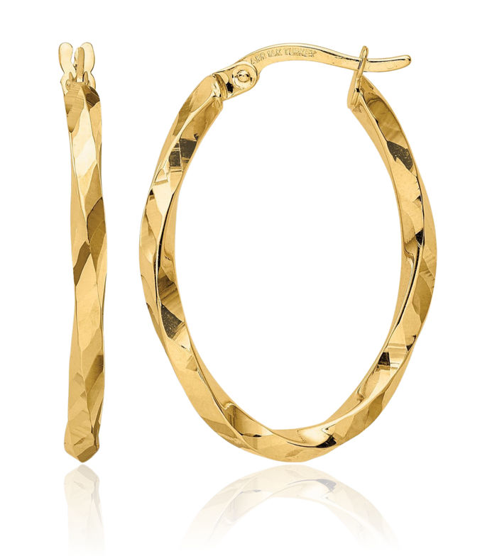 14K Solid Yellow Gold Twisted 2.5x20x29mm Oval Medium Hoop Earrings