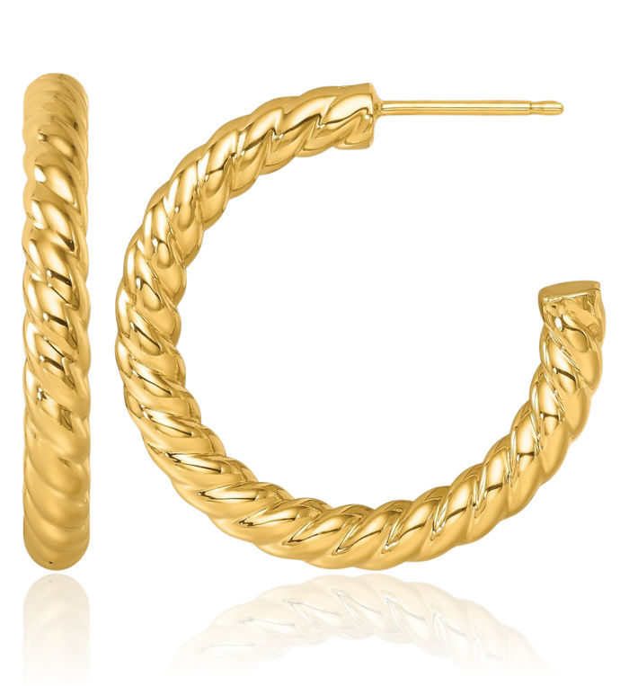 14K Solid Yellow Gold Twisted 3.5mm Post C Hoop Earrings