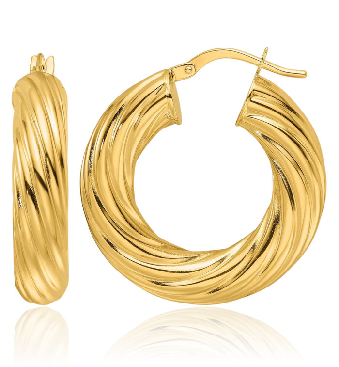 14K Solid Yellow Gold Twisted 6mm Round Medium Hoop Earrings