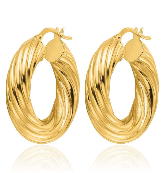 14K Solid Yellow Gold Twisted 6mm Round Medium Hoop Earrings