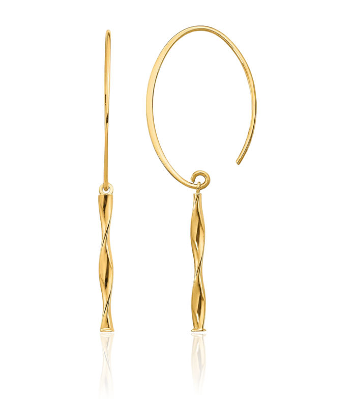 14K Solid Yellow Gold Twisted Bar Drop Dangle Line Stud Earrings