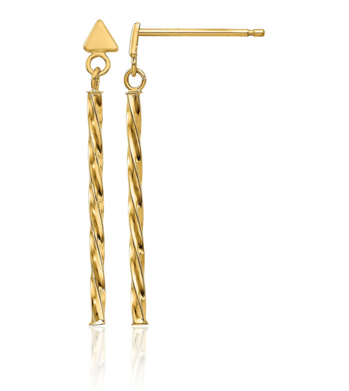 14K Solid Yellow Gold Twisted Bar Drop Dangle Line Stud Earrings