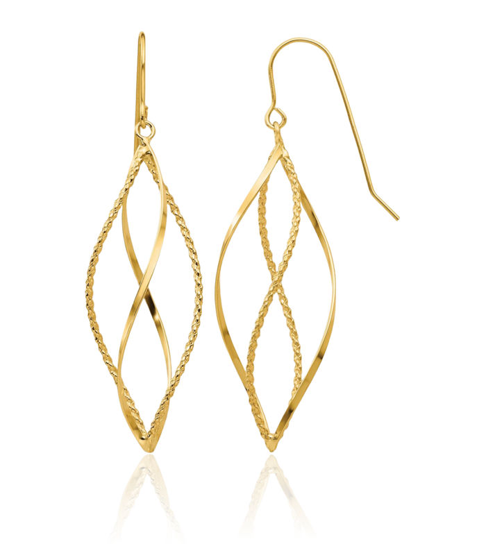 14K Solid Yellow Gold Twisted Drop Dangle Earrings