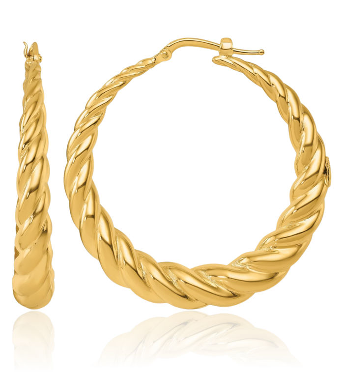 14K Solid Yellow Gold Twisted Graduated Medium Round Large Hoop Earrings