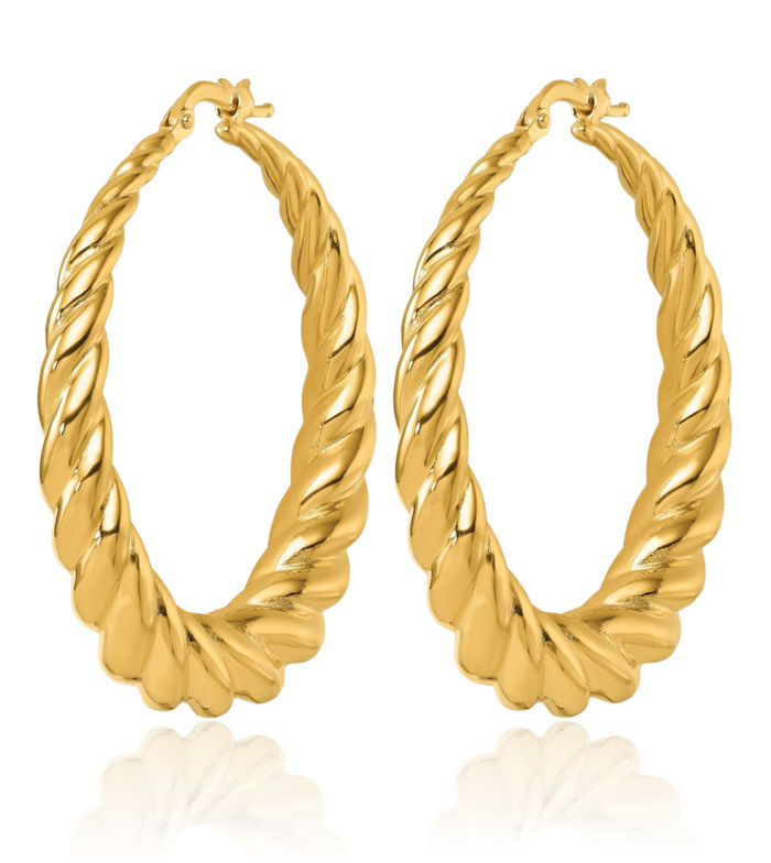 14K Solid Yellow Gold Twisted Graduated Medium Round Large Hoop Earrings