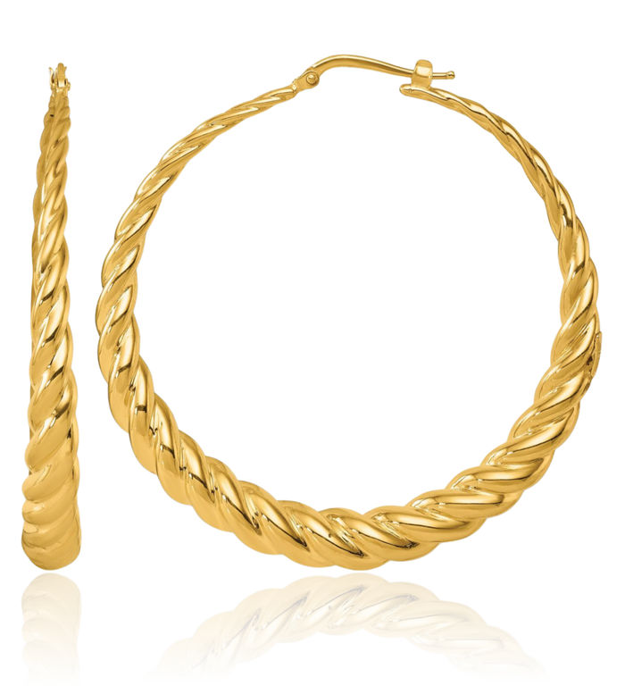 14K Solid Yellow Gold Twisted Graduated Round Large Hoop Earrings