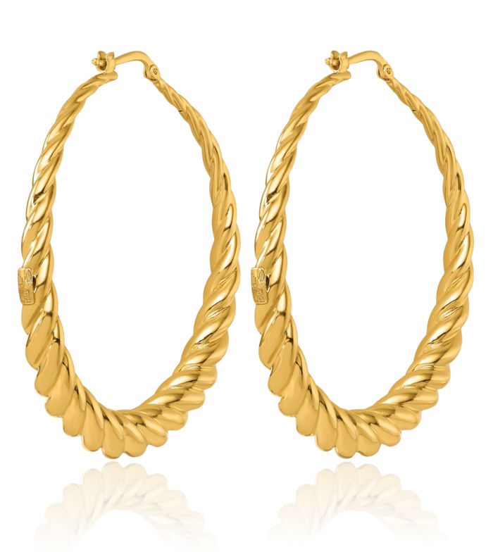 14K Solid Yellow Gold Twisted Graduated Round Large Hoop Earrings