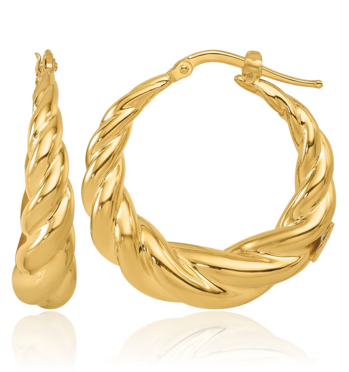 14K Solid Yellow Gold Twisted Graduated Round Medium Hoop Earrings