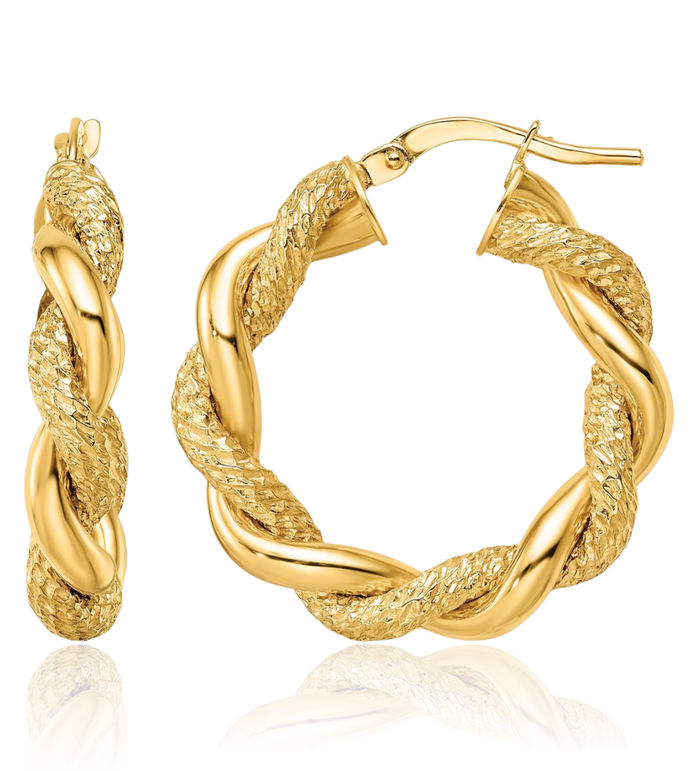 14K Solid Yellow Gold Twisted Medium Hoop Earrings