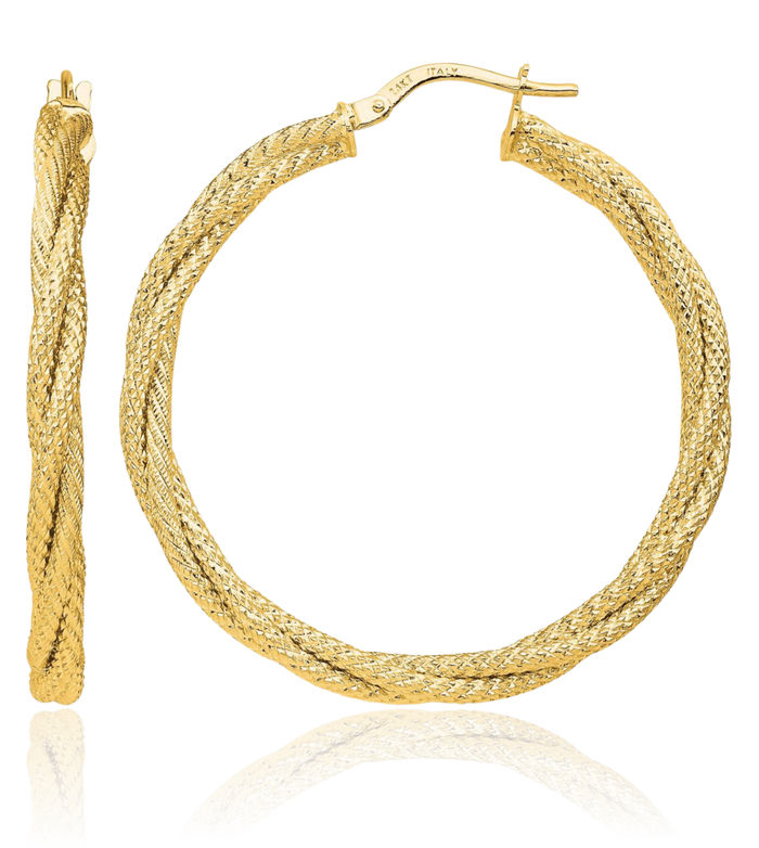 14K Solid Yellow Gold Twisted Medium Hoop Earrings