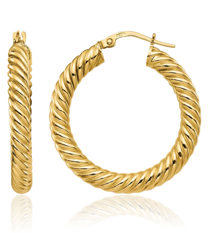 14K Solid Yellow Gold Twisted Medium Hoop Earrings