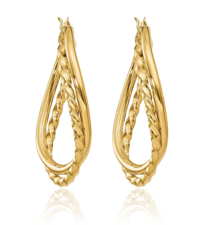 14K Solid Yellow Gold Twisted Oval Medium Hoop Earrings