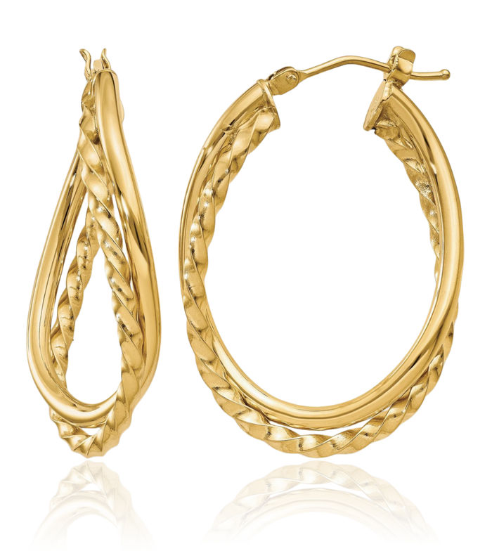 14K Solid Yellow Gold Twisted Oval Medium Hoop Earrings