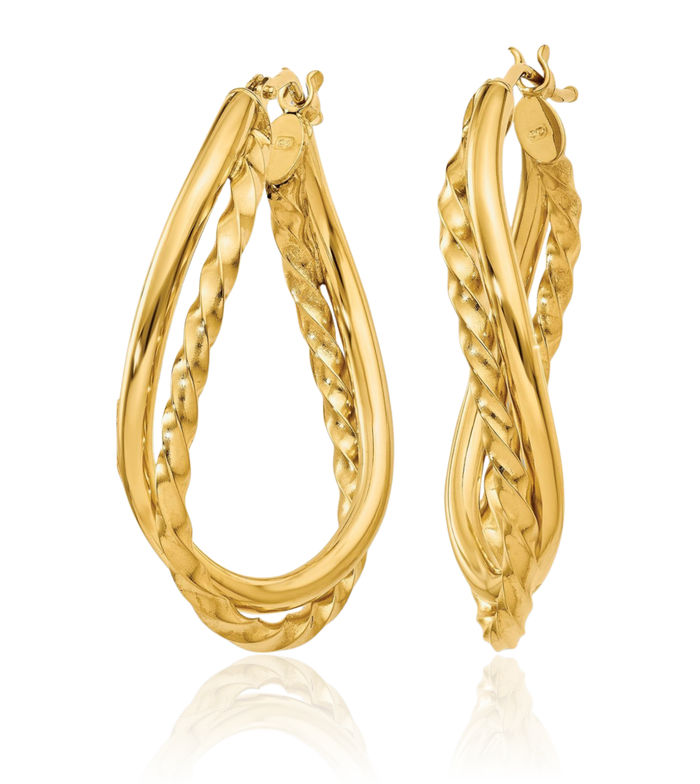 14K Solid Yellow Gold Twisted Oval Medium Hoop Earrings