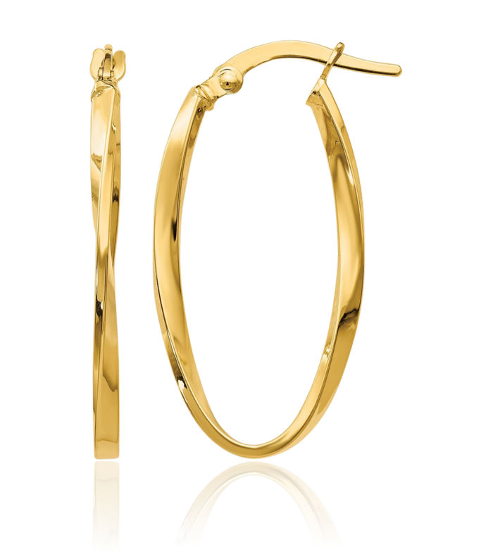 14K Solid Yellow Gold Twisted Oval Medium Hoop Earrings