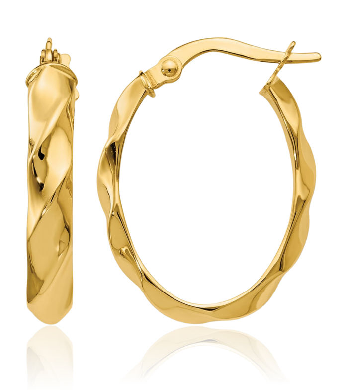 14K Solid Yellow Gold Twisted Oval Medium Hoop Earrings