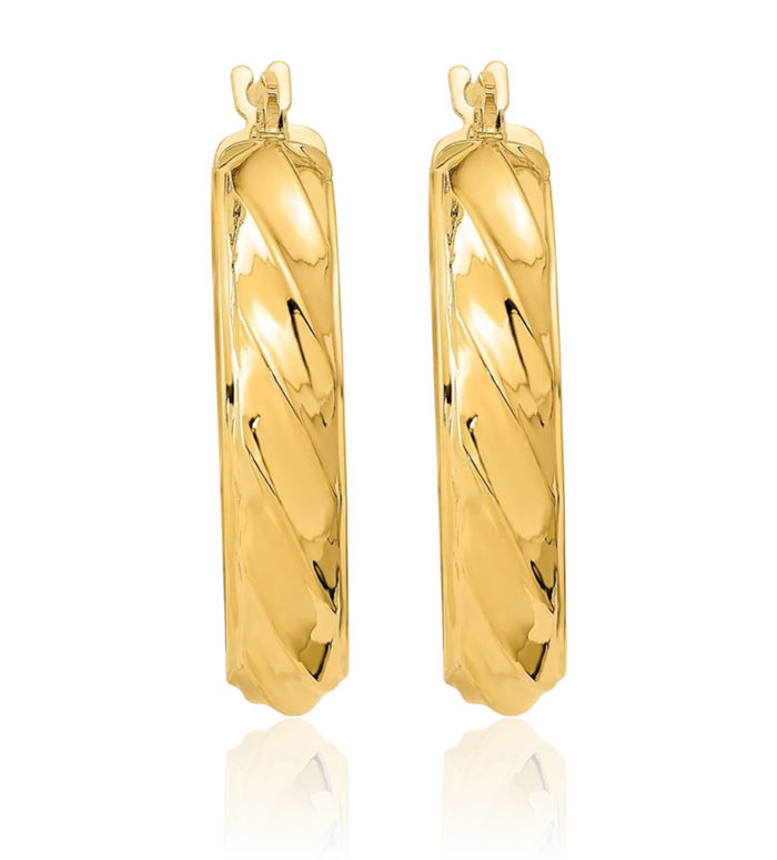 14K Solid Yellow Gold Twisted Oval Medium Hoop Earrings