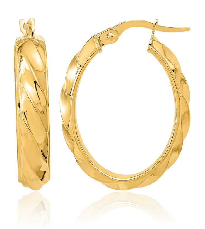 14K Solid Yellow Gold Twisted Oval Medium Hoop Earrings