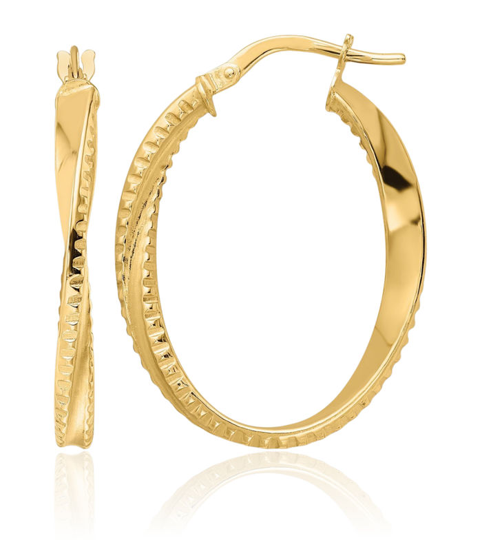 14K Solid Yellow Gold Twisted Oval Medium Hoop Earrings