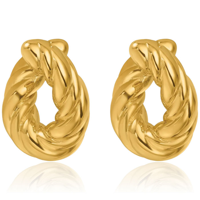 14K Solid Yellow Gold Twisted Oval Medium Hoop Earrings