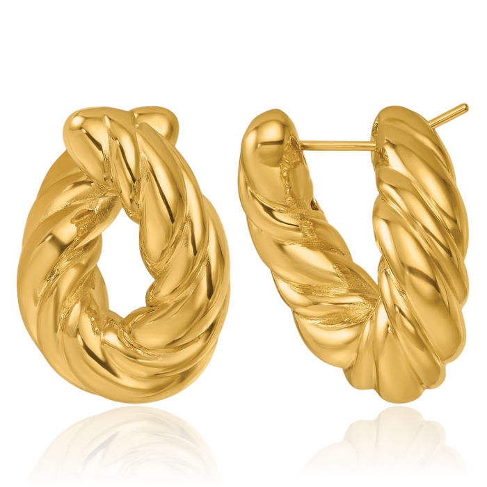 14K Solid Yellow Gold Twisted Oval Medium Hoop Earrings