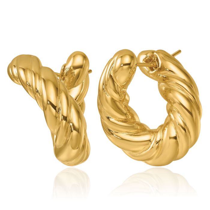 14K Solid Yellow Gold Twisted Oval Medium Hoop Earrings