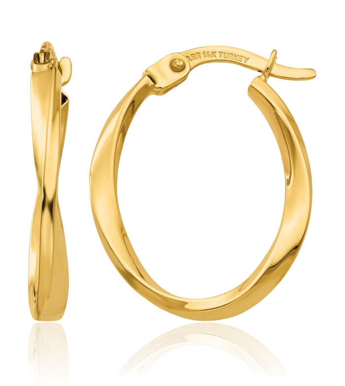 14K Solid Yellow Gold Twisted Oval Small Hoop Earrings