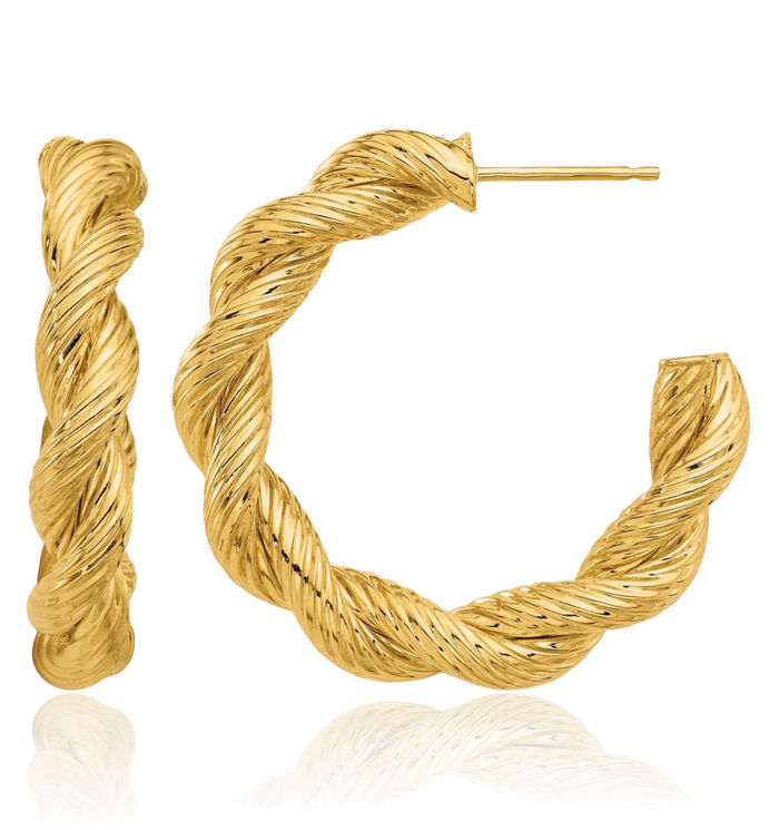 14K Solid Yellow Gold Twisted Post Hoop Earrings