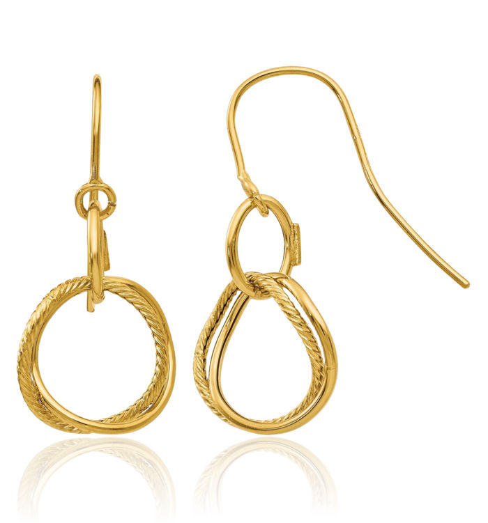 14K Solid Yellow Gold Twisted Circle Round Drop Dangle Earrings