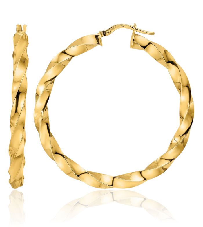 14K Solid Yellow Gold Twisted Round Large Hoop Earrings