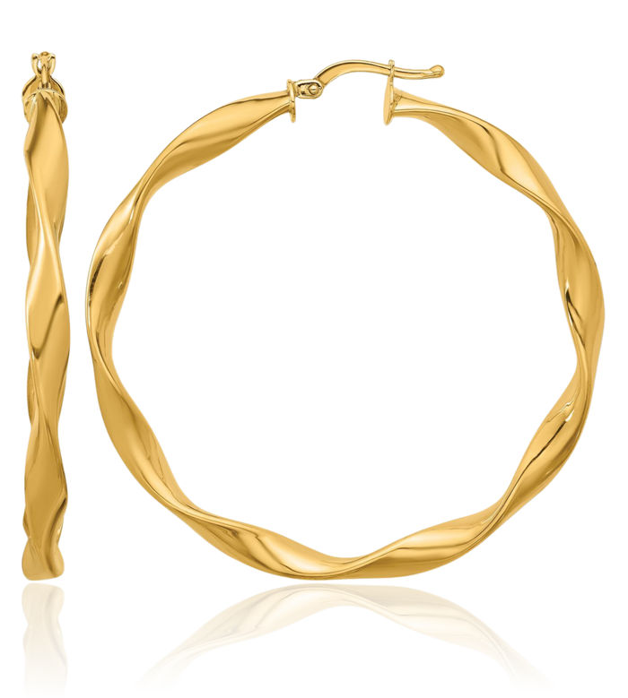 14K Solid Yellow Gold Twisted Round Large Hoop Earrings