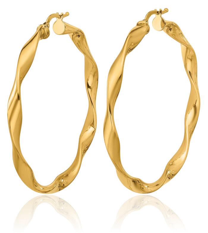 14K Solid Yellow Gold Twisted Round Large Hoop Earrings