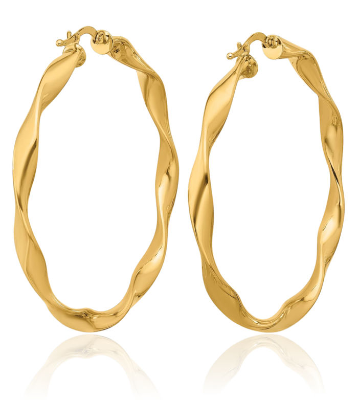 14K Solid Yellow Gold Twisted Round Large Hoop Earrings