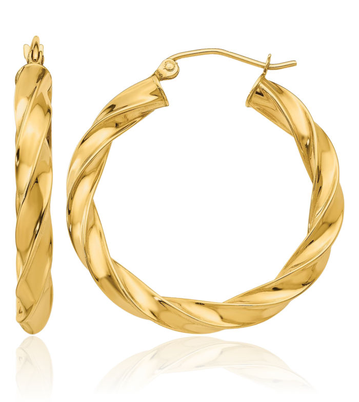 14K Solid Yellow Gold Twisted Round Medium Hoop Earrings