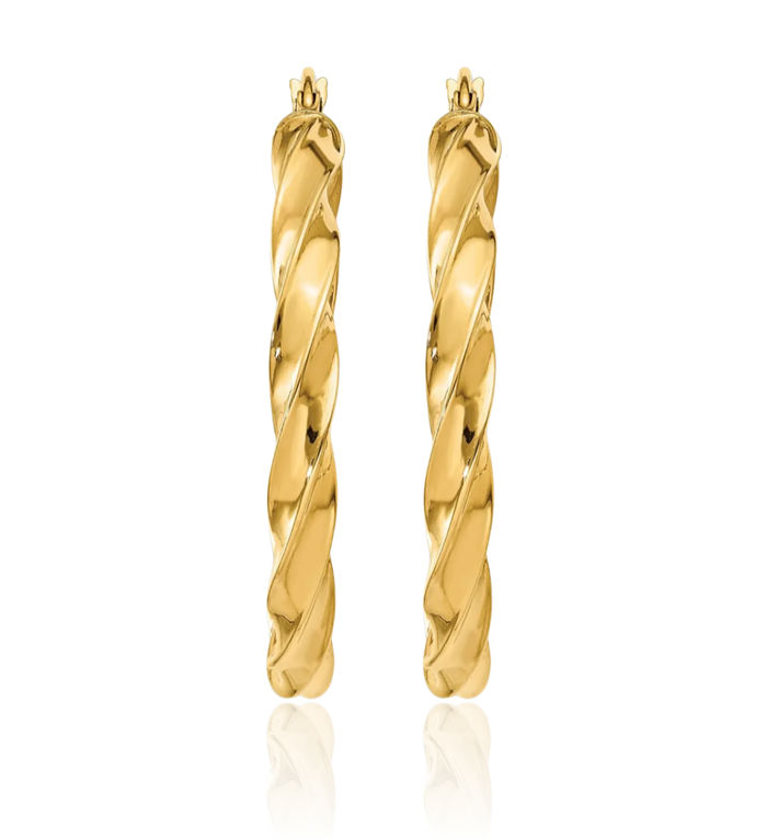 14K Solid Yellow Gold Twisted Round Medium Hoop Earrings