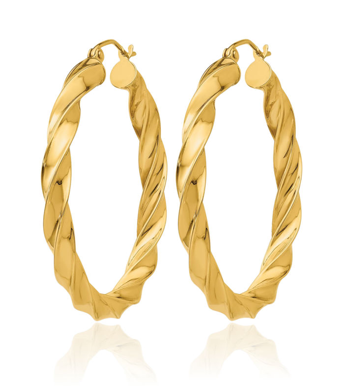 14K Solid Yellow Gold Twisted Round Medium Hoop Earrings