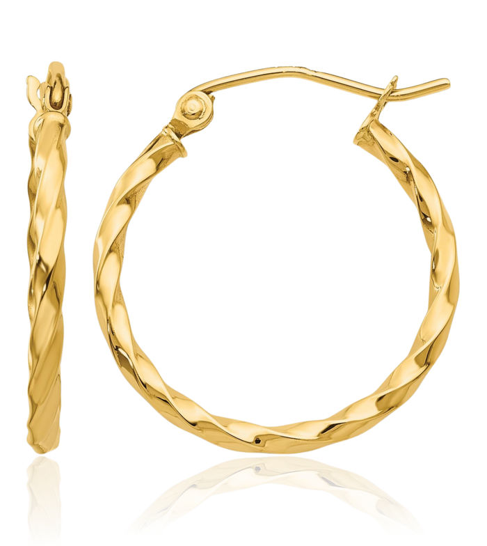 14K Solid Yellow Gold Twisted Round Medium Hoop Earrings