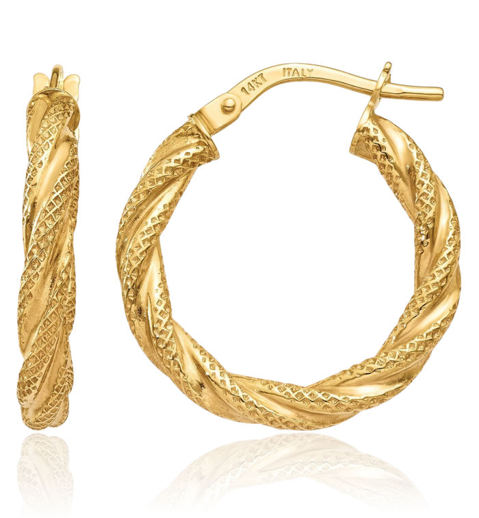 14K Solid Yellow Gold Twisted Round Medium Hoop Earrings