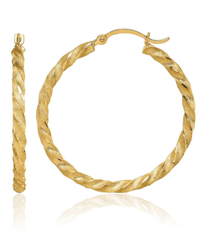 14K Solid Yellow Gold Twisted Round Medium Hoop Earrings