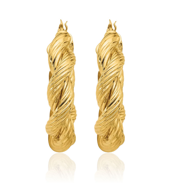 14K Solid Yellow Gold Twisted Round Medium Hoop Earrings