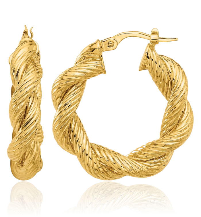 14K Solid Yellow Gold Twisted Round Medium Hoop Earrings