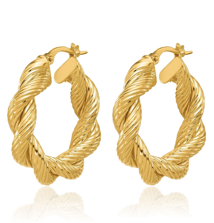 14K Solid Yellow Gold Twisted Round Medium Hoop Earrings