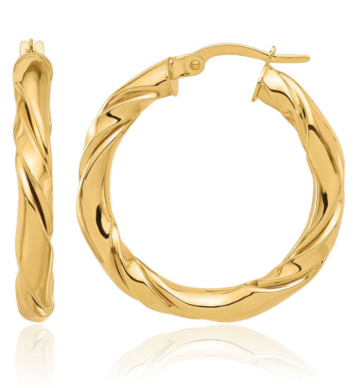 14K Solid Yellow Gold Twisted Round Medium Hoop Earrings