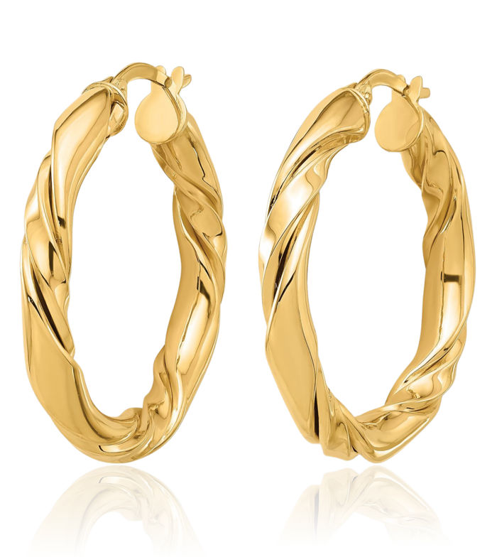 14K Solid Yellow Gold Twisted Round Medium Hoop Earrings