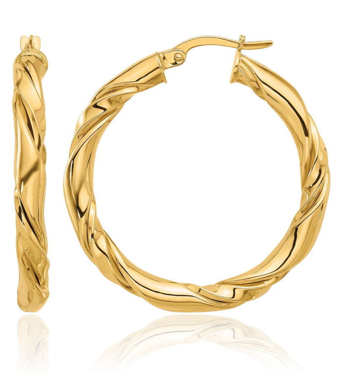 14K Solid Yellow Gold Twisted Round Medium Hoop Earrings