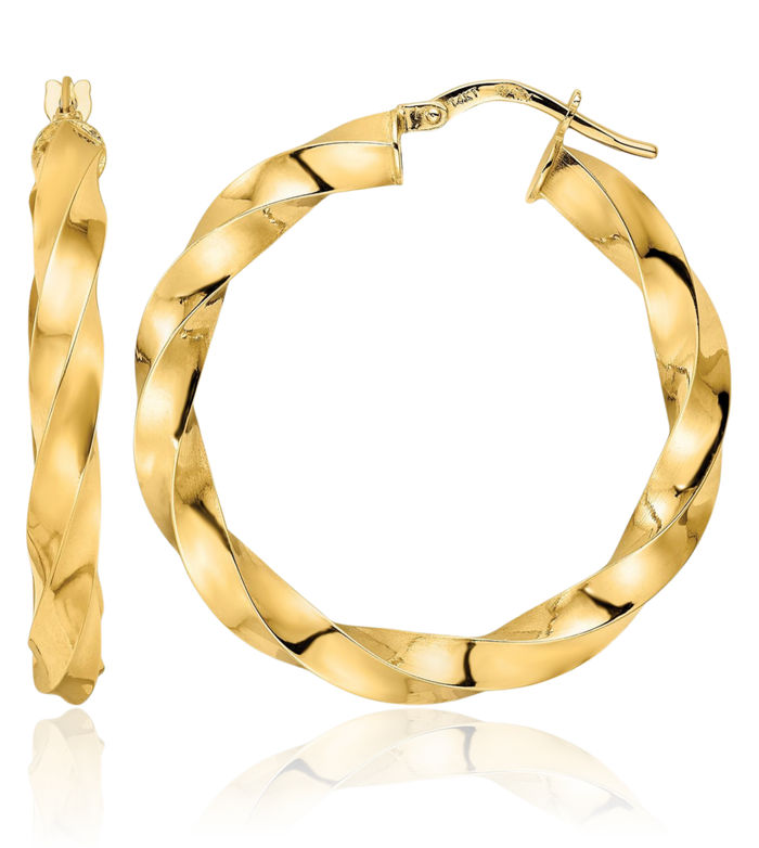 14K Solid Yellow Gold Twisted Round Medium Hoop Earrings