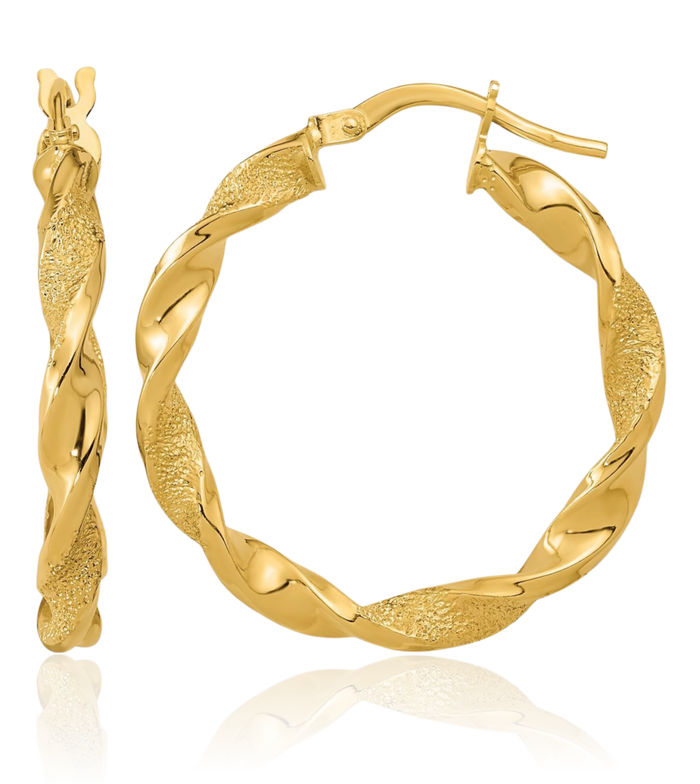 14K Solid Yellow Gold Twisted Round Medium Hoop Earrings