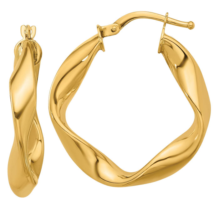 14K Solid Yellow Gold Twisted Round Medium Hoop Earrings