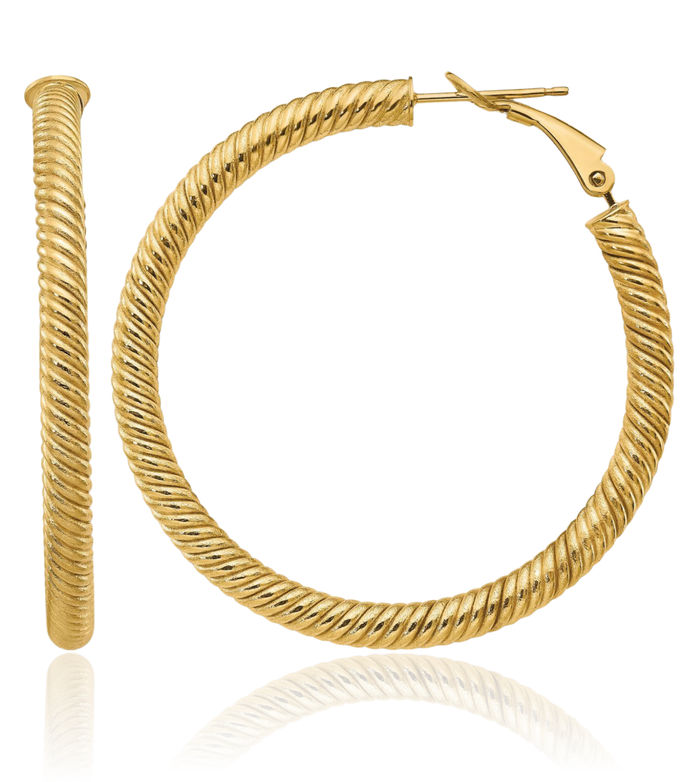 14K Solid Yellow Gold Twisted Round Omega Clip Back Post Large Hoop Earrings